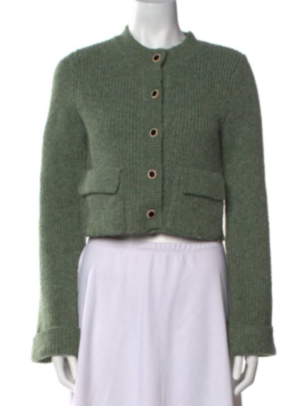 Christian Lacroix Sweater Women L Green Cropped Button Front Wool Blend Cardigan